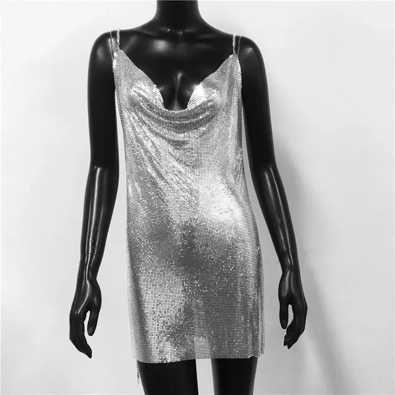 qgtao Metal Sequins Low Cut Sexy Women Dress 2024 Sleeveless Backless Spaghetti Strap Neck Fashion Party Club Mini Dresses