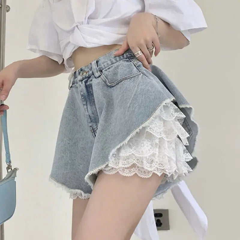 qgtao  -  Blue Lace Denim Shorts Women Y2k Fashion Loose High Waist Korean Style Causal A-line Jeans Streetwear Retro Summer Pants