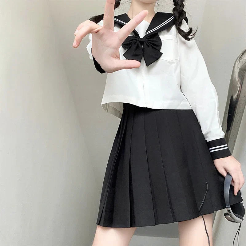 qgtao Japanese School Uniform Black Suit Sailor JK S-2XL Basic Cartoon Girl Navy Sailor Uniform sets Navy Costume Women girl costume