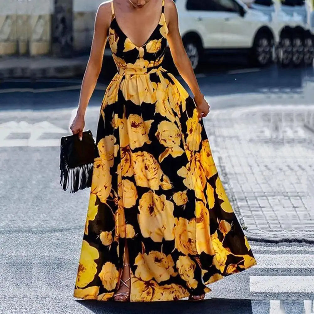 qgtao聽Summer Boho Dress Sexy Deep V-Neck Waist Tight Split Large Hem Maxi Dress Floral Print Sleeveless Sling Beach Holiday Dress