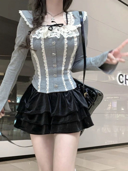 qgtao Y2k Coqutte Women T Shirt Lace Bow Square Neck Long Sleeve Crop Tops Heart Button Kawaii Casual Slim Knitted Pullover.