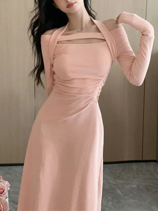 qgtao Pink Korean Long Sleeve Knitted Dress Women Solid Casual Slim Elegant Midi Dress Female 2024 Autumn Chic Slash Neck Casaul Dress