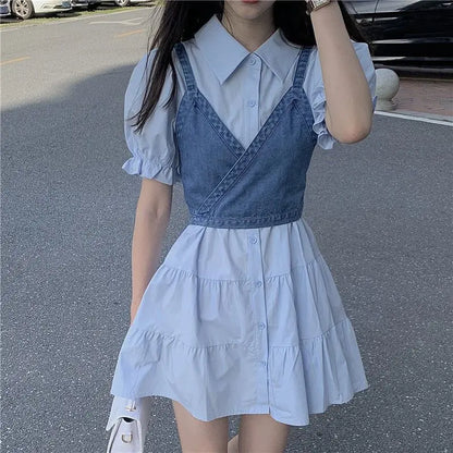 qgtao 2024 Summer Women's Dresses Korean Fashion Vintage Puff Sleeve Shirt Dress Women's Denim Camisole Vest Set New In Dresses