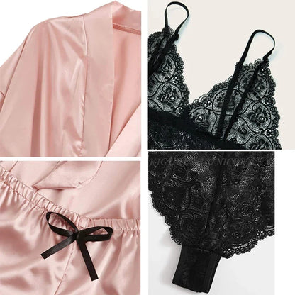 qgtao Woman Sleepwear 4pcs Floral Lace Trim Satin Pajamas Set with Robe Sexy Faux Silk Pijamas Robe Sets Casual Home Clothes Nightwear sleepwear
