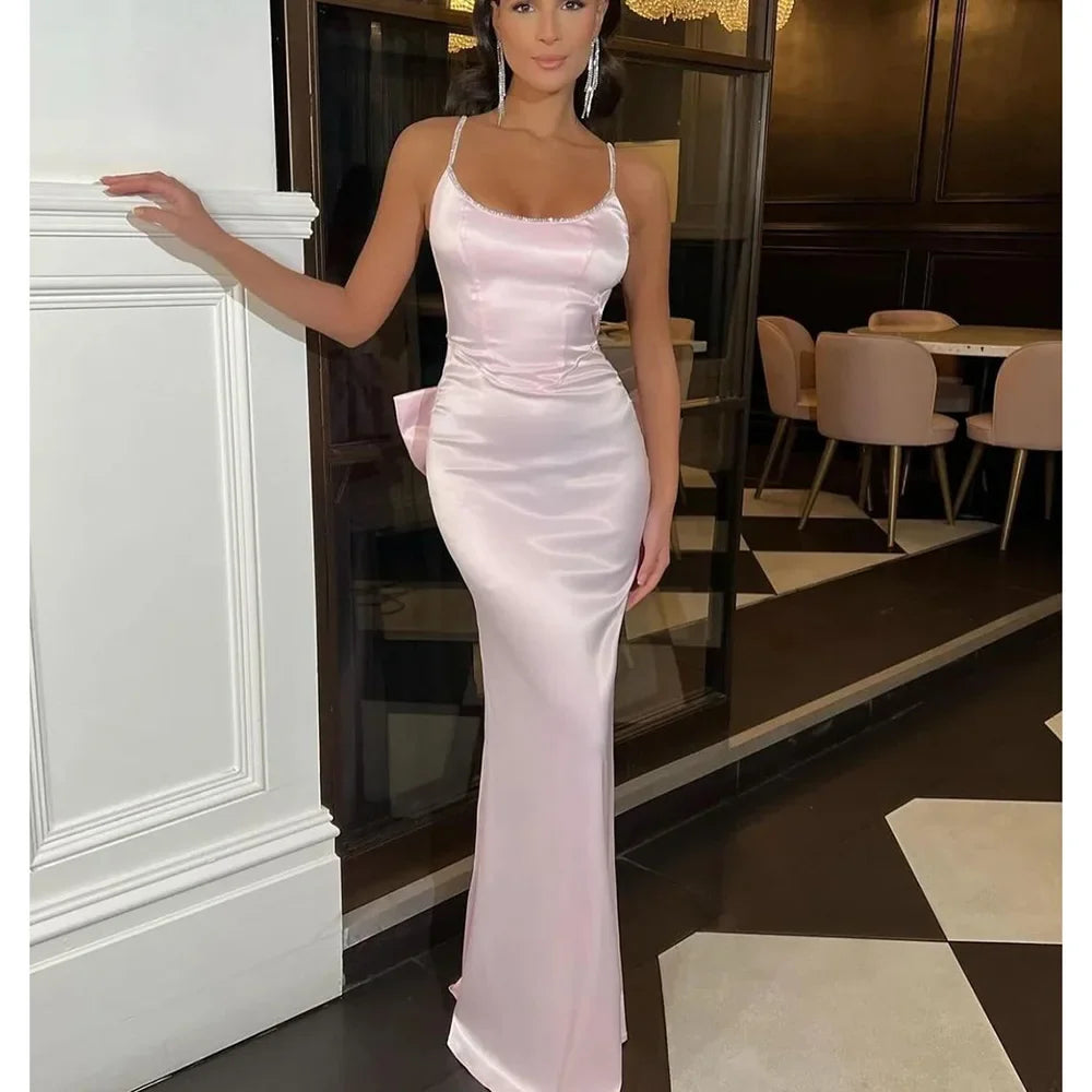 qgtao Pink Backless Bow Mermaid Spaghetti Sleeveless Prom Dresses for Sexy Women Special Occasion Paert Luxury Evening Long Dress Formal Gown