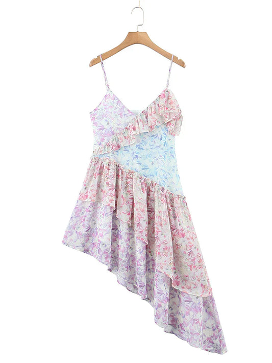 qgtao Summer Women Multi Color Block Irregular Floral Print Sexy Sling Dress Sweet Ruffle Female Sleeveless Boho Beach Dress