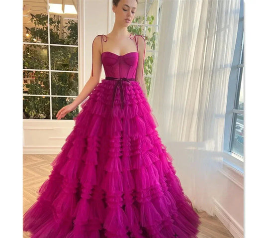 Rose Pink A-line Spaghetti Strap Party Dresses Multilayer Tulle Prom Dress Sweet Sleeveless Evening Dress