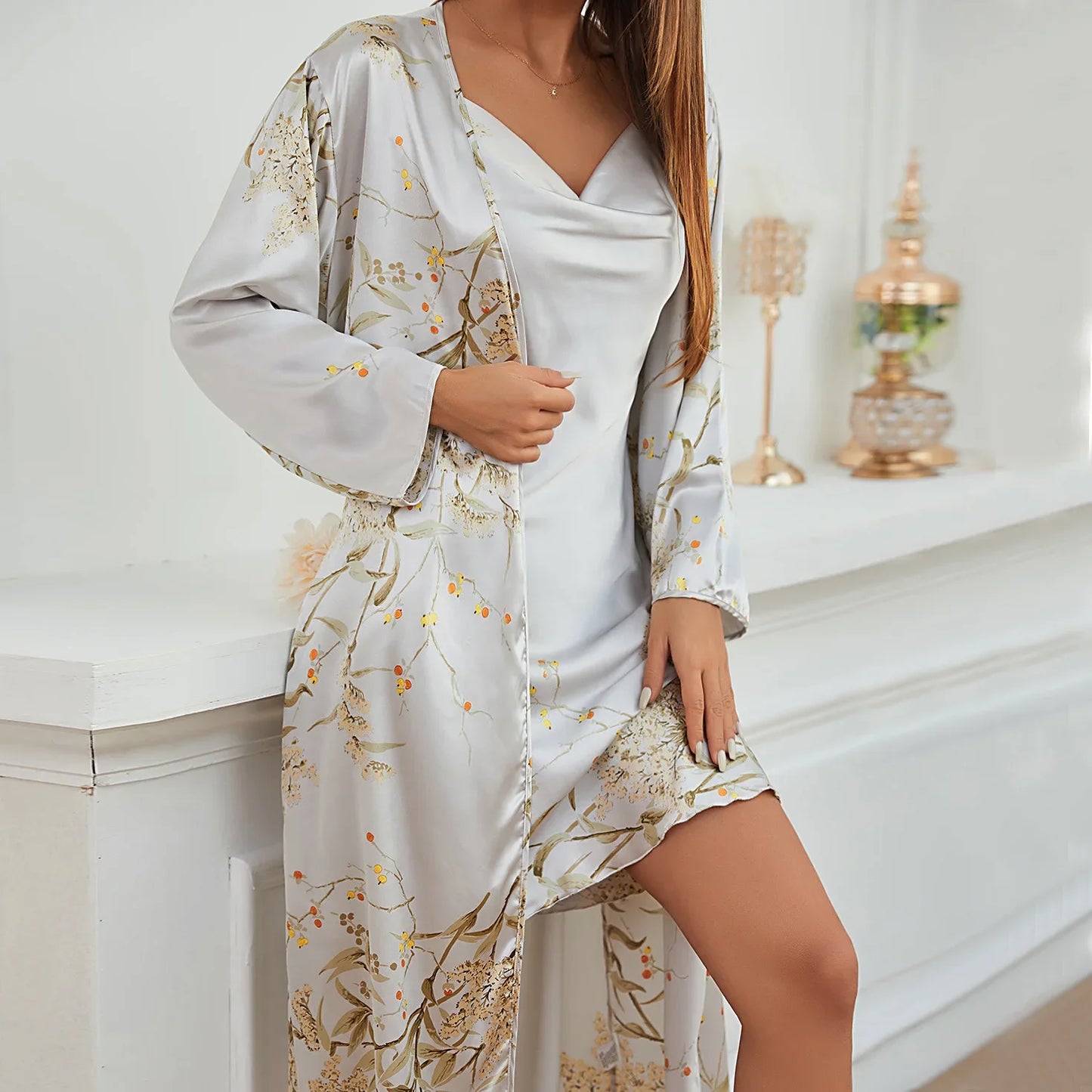 qgtao Women's Four Seasons Home Furnishing Lace Up Pajama Pajama Dresses Two Piece Set Thin Outerwear Medium Length Pajama Set sleepwear