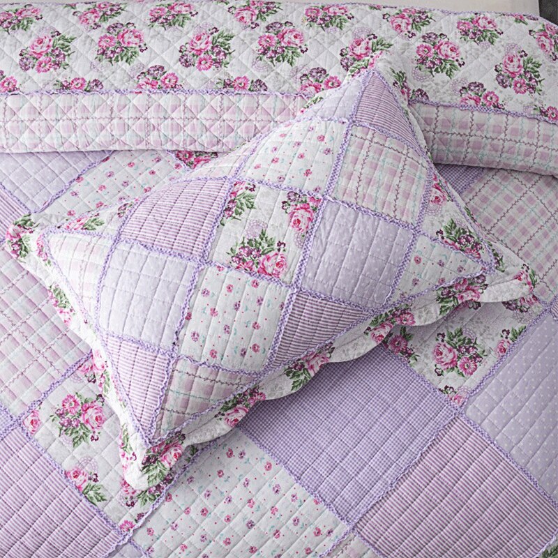 Yeknu Single Double Bed 100%Cotton Purple 3pcs Printed Quilted Quilt Pillowcase Free Shipping lençol de cama casal أسرّة