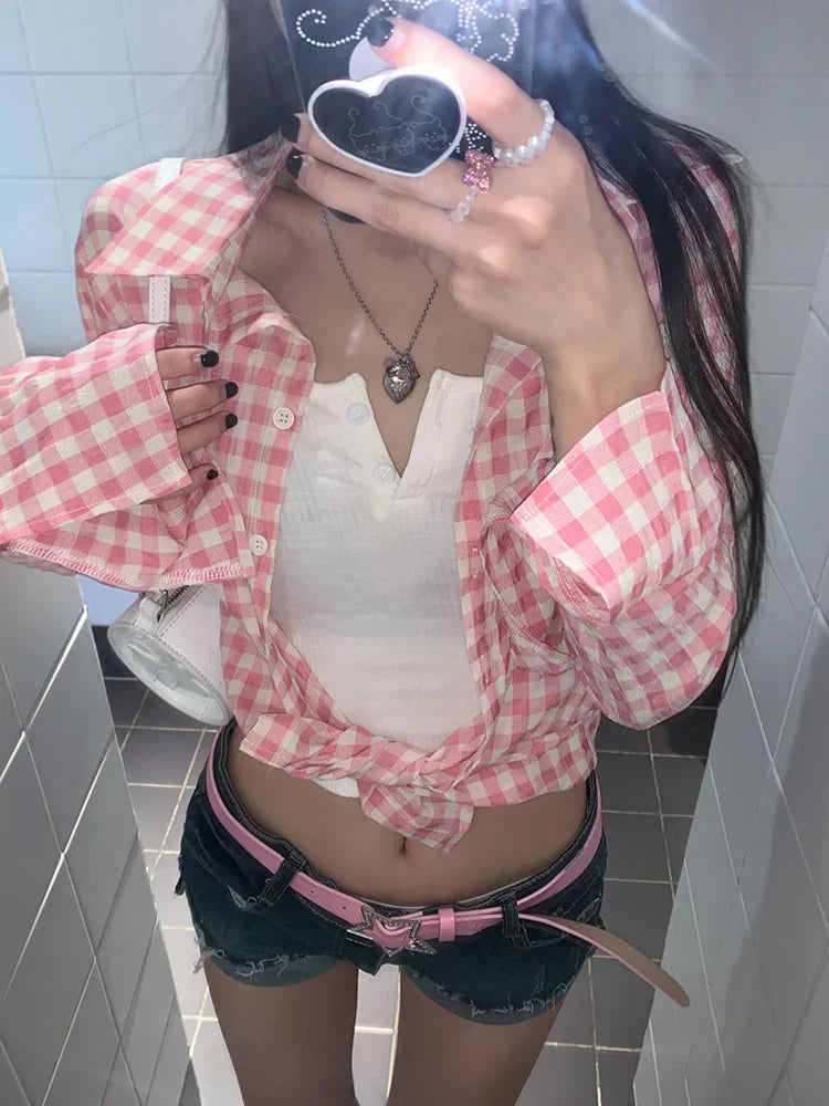 qgtao  -  Y2k Pink Plaid Women Shirts Check Graphic Long Sleeve Blouses Female Spring Autumn Sexy Slim Button Up Cardigan Chic Ins