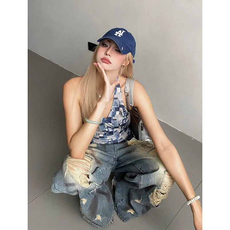 qgtao  -  Women Ripped Blue Y2k Jeans Harajuku Streetwear Denim Trousers Aesthetic Jean Pants Vintage Japanese 2000s Style Trashy Clothes