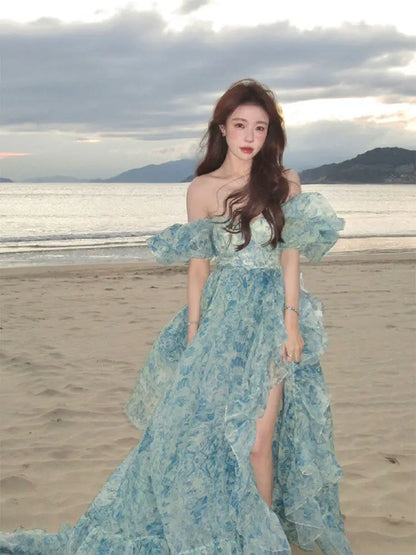 qgtao Floral Print Evening Party Dress Women 2024 Puff Sleeve Elegant Princess Long Dres Ladies France Vintage Open Fork Dress Summer