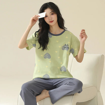 qgtao M-2XL 100% Cotton Women's Pajamas Casual Summer Short Sleeve Thin Pijama Sets Breathable Soft Pajama Sleepwear With Two Pockets
