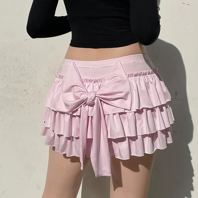 qgtao Pink Bow Pleated Mini Skirts Y2k Solid A-line Skirts Kawaii Lolita Ruffle Skirts Sexy Ballet Skirts Casual Short Dress For Women