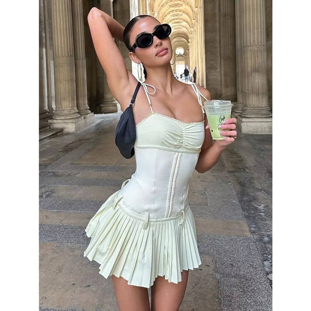 qgtao Sexy Chic Strappy Mini Dress Cotton Beige Black Backless Summer Party Sleeveless Dress Ruffles Ladies Women Dresses