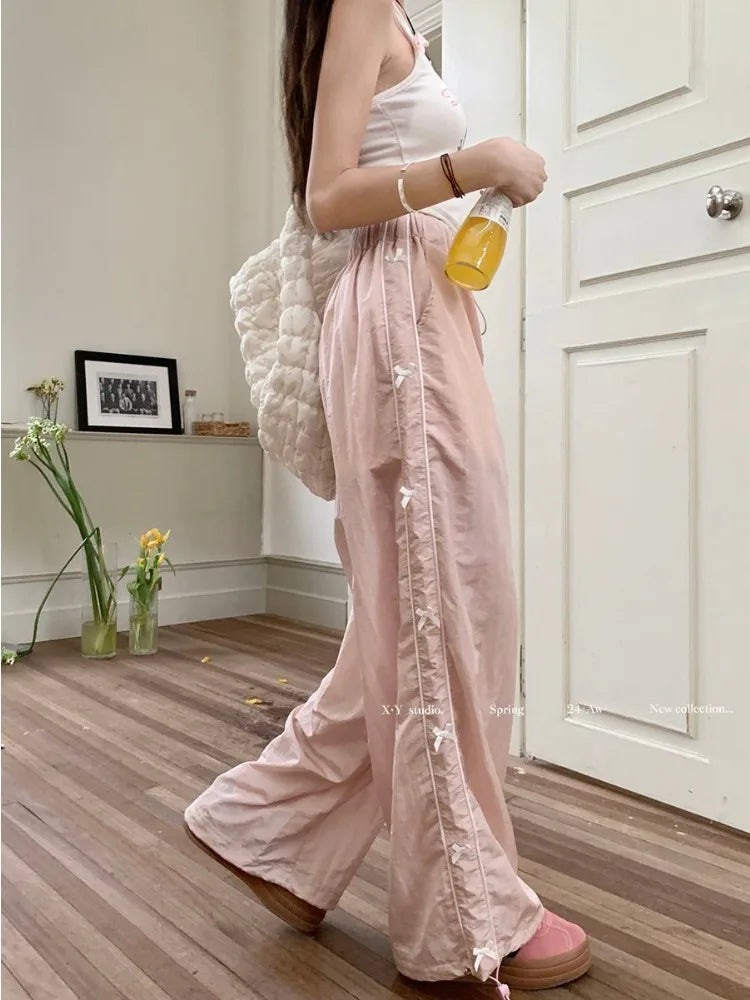 qgtao  -  Pink Sweet Y2k Parachute Pants Women Korean Style Coquette Baggy Joggers Bow Harajuku Kawaii Cute Wide Trousers Casual