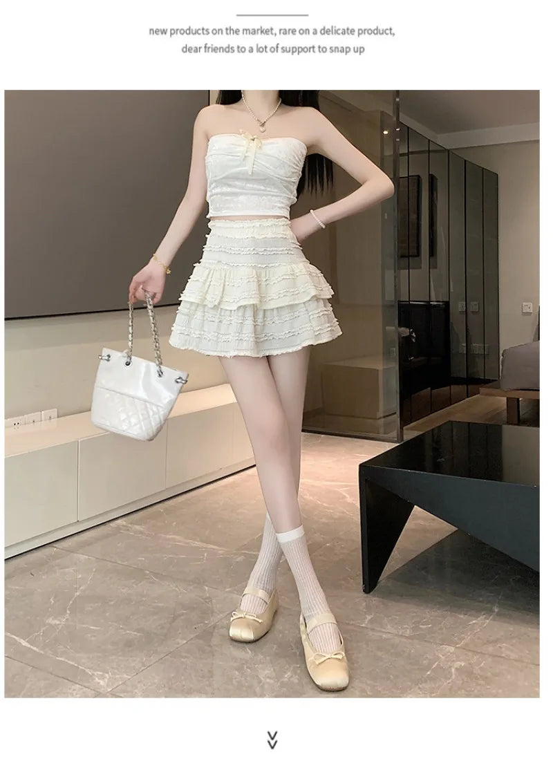 qgtao with Lining Prevent Exposure A Line Women Skirts Summer Solid Sweet Texture Sexy Mini Skirt Slim High Waist Skirt