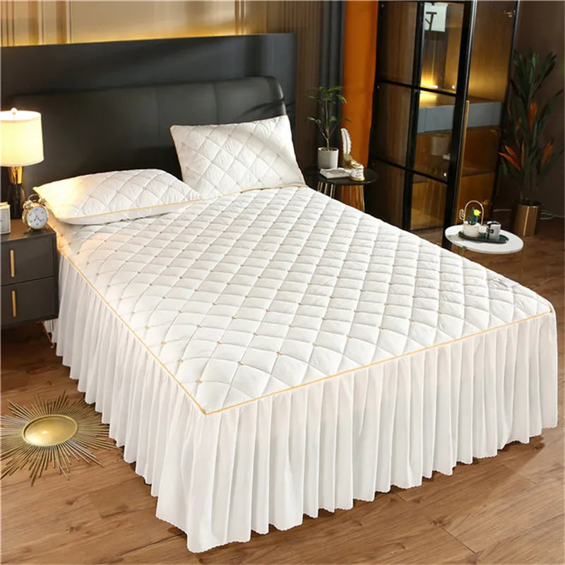 Yeknu Luxury Thicken Pink Quilted Bed Spread Queen Size Nordic High Quality Pleated Edge Bedspread on The Bed Embroidery Bedspreads