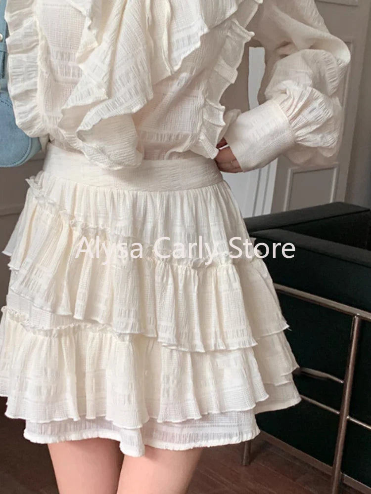 qgtao Korean Elegant Office Lady Two Piece Set Women Autumn Ruffle Blouse Irregular Mini Skirt Sets Fashion Sweet Party Skirt Set 2024