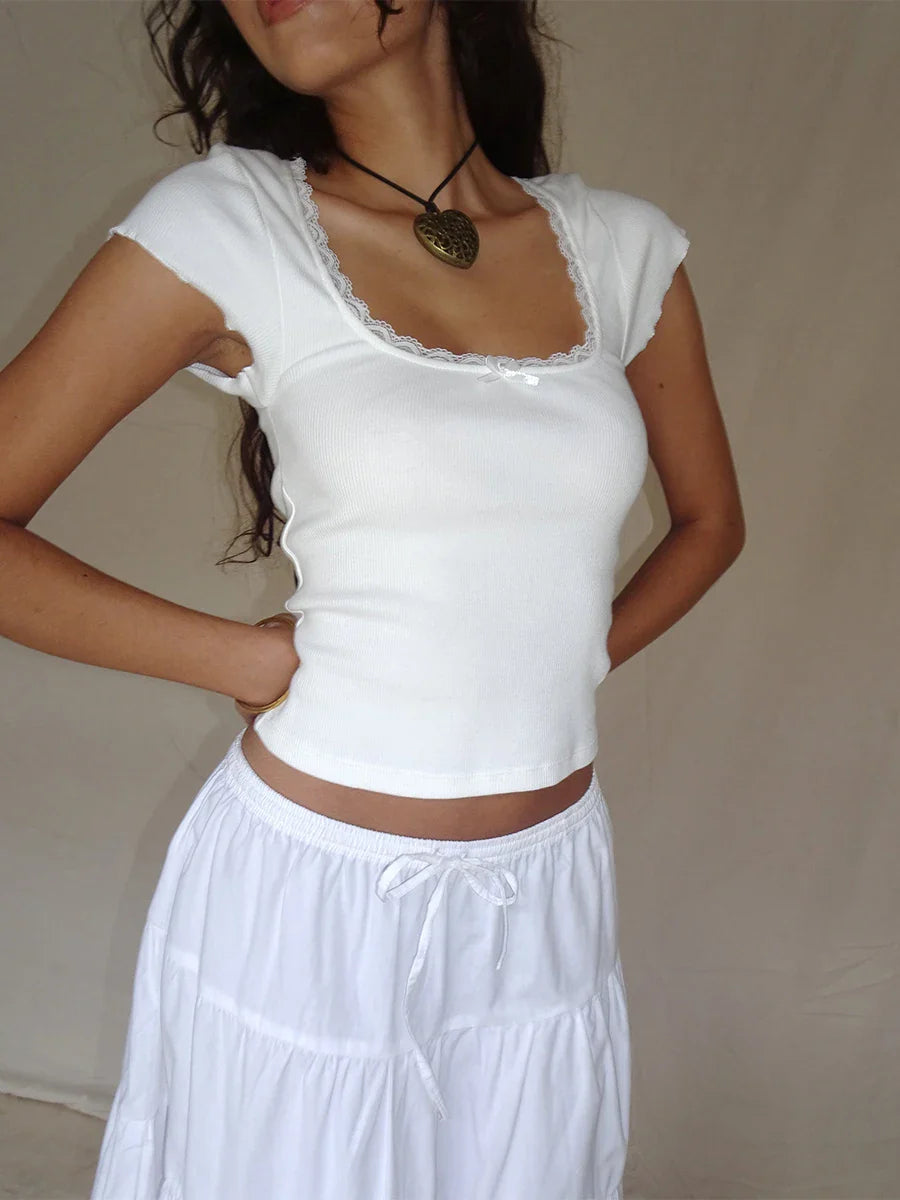 qgtao y2k Vintage Baby Tee Cottage Lace Trim Knitted T-Shirt Summer Square Neck Short Sleeve Tee Shirt  Women White Milkmaid Crop Top