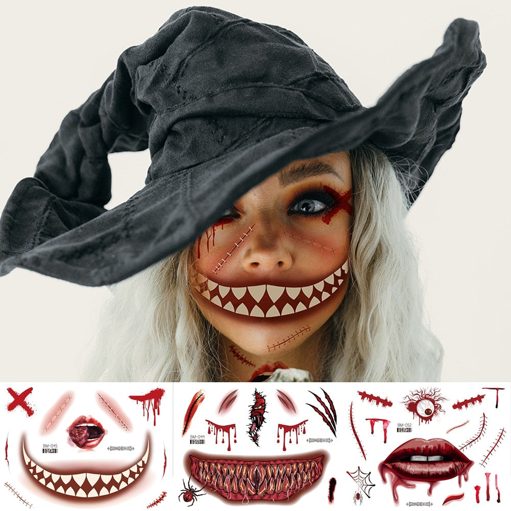 Halloween Face Makeup for Women Men Big Mouth Temporary Tattoo Stickers Disposable Funny Fake Tattoo Waterproof for Saints' Day