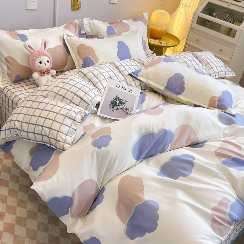 Yeknu Nordic Pink Checkerboard Duvet Cover Sets With Pillowcases Flat Sheet Kids Girls Boys Full Queen Twin Size Kawaii Bedding Kit