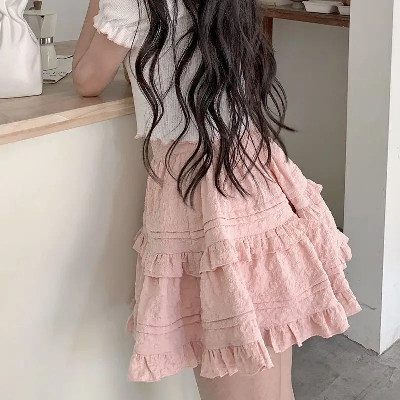 qgtao kawaii Japanese Style Women Mini Skirt Ruffle Layered Lolita Pink Cutecore Sweet Short Skirts Lace Elegant A-line Skirt