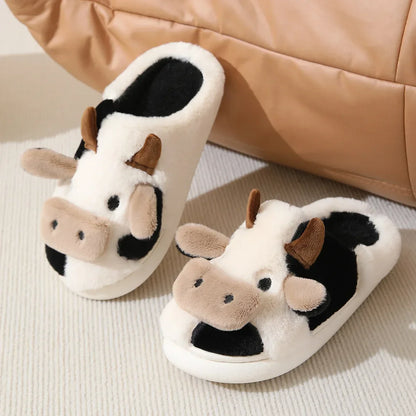 qgtao 2024 Winter Warm Milk Cow Women Slippers Men Cute Soft Plush Sandals Adults Lovely Non-slip Flip Flops Couples Home Flat Slides