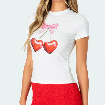 qgtao Y2k Tshirt Grunge Baby Tee Aesthetic Cherry Print Casual Vintage Streetwear Short Sleeve Crop Top Clothes Gothic Slim T-shirts