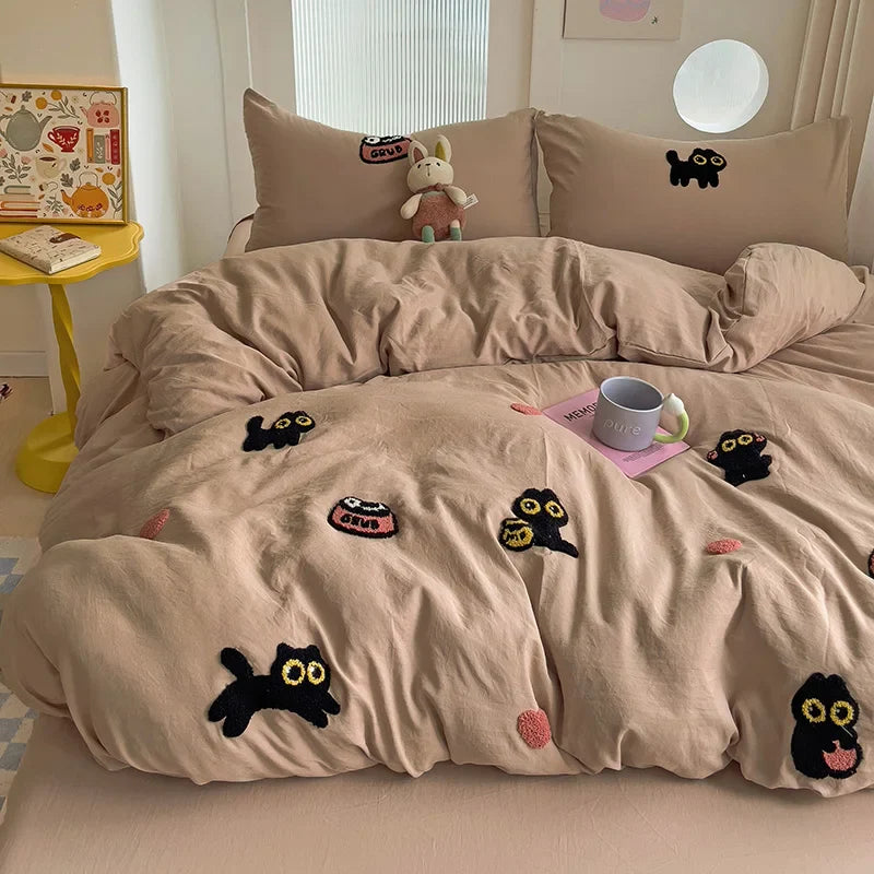 Yeknu Bedding Set Super Soft Washed Cotton Towel Embroidery Duvet Cover Four Piece Set - Lucky Cat Series