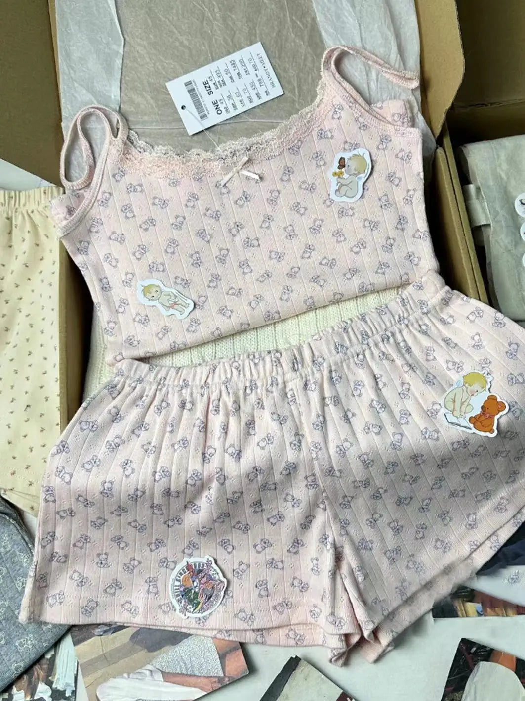 Little Bear Eyelet Cotton Vest Shorts Set Summer Sweet Bow Lace Camis Tops And Shorts Vintage Cute 2 Piece Sets Women Outfit New