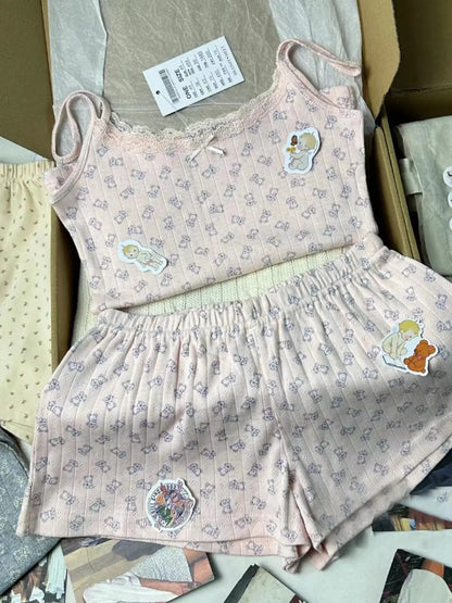 Little Bear Eyelet Cotton Vest Shorts Set Summer Sweet Bow Lace Camis Tops And Shorts Vintage Cute 2 Piece Sets Women Outfit New
