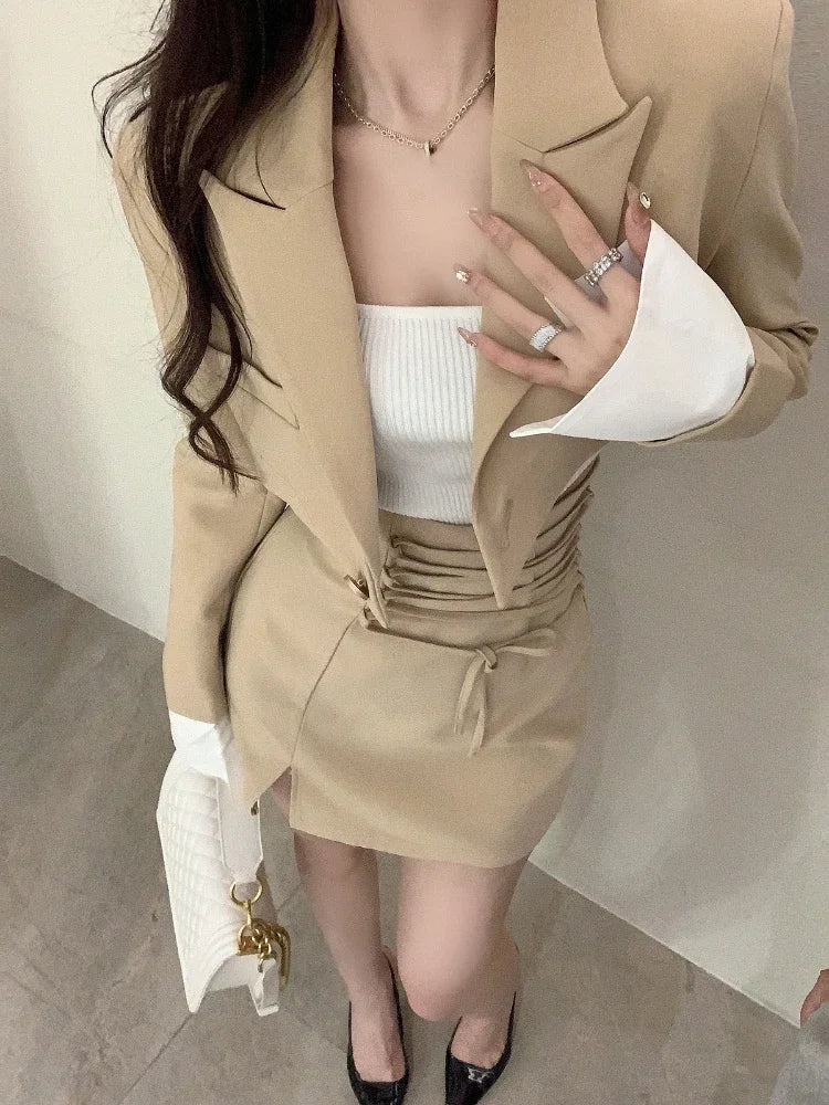 qgtao 2 Piece Dress Set Women Casual Y2k Crop Tops Elegant Jacket Coats + Mini Skirts Korean Fashion Suits 2024 Spring Blazers Dress