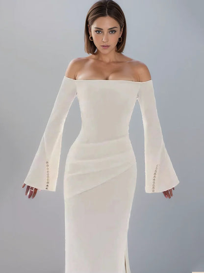 qgtao Fashion Women's Dress Slash Neck Flare Sleeves Folds Button Decorate Slim Ankle-length Dresses Summer 2024 New Tide 13DL10