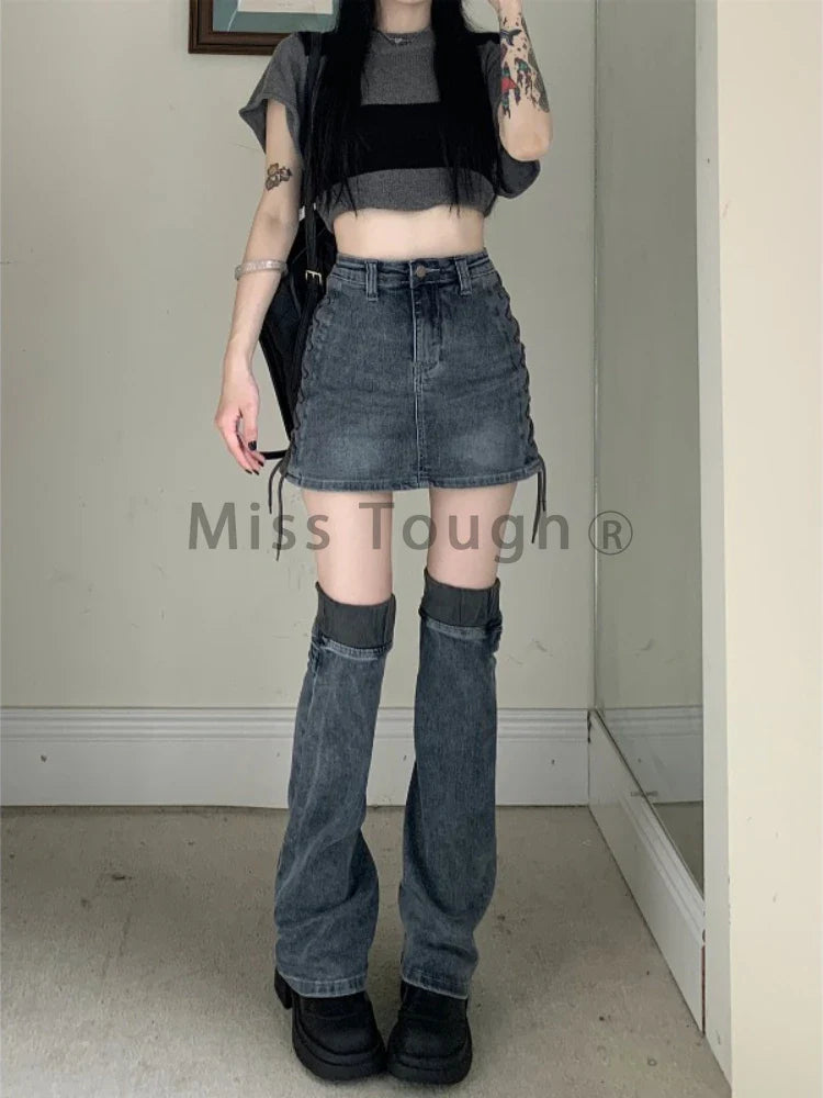 qgtao Gothic Design Y2k Denim Patchwork Set Women Lace-up Short Skirt + Leg Warmer Jeans High Waist Elastic Casual Two Piece Sets 2024