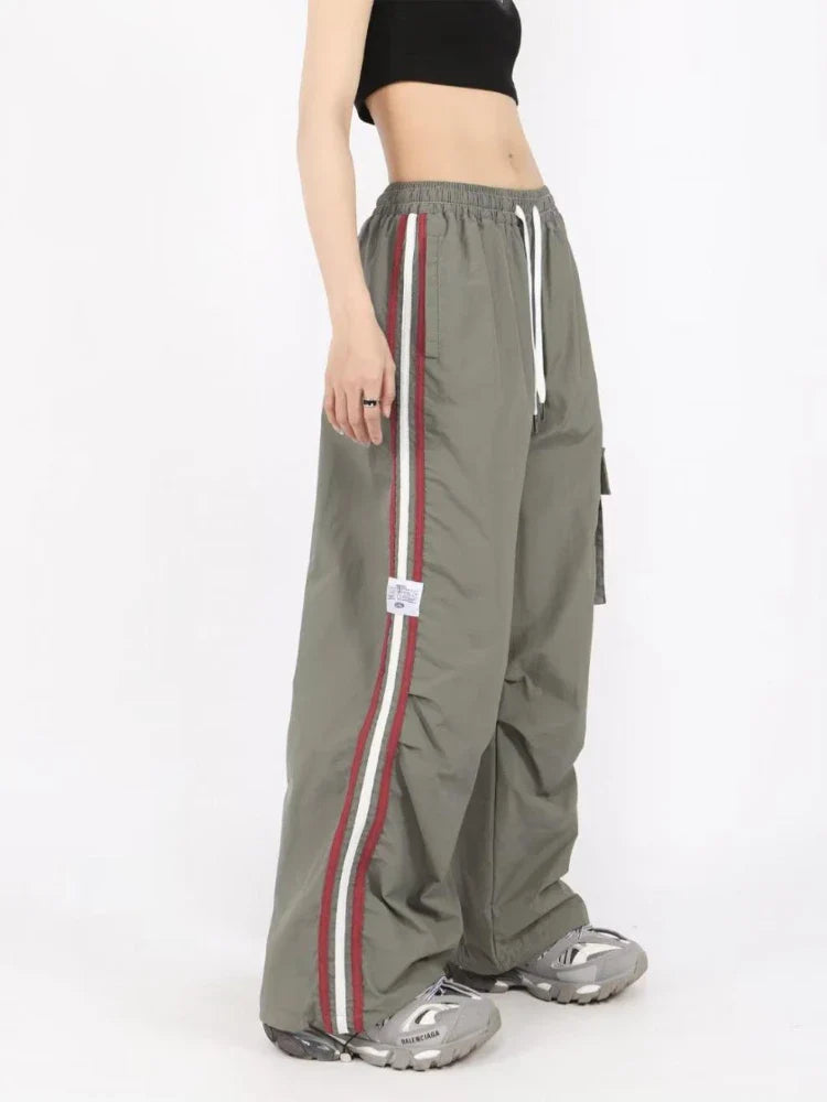 qgtao Y2K Cargo Pants Women Baggy Vintage High Waist Stripe Sweatpants Casual Loose Drawstring Parachute Jogger Wide Leg Pants