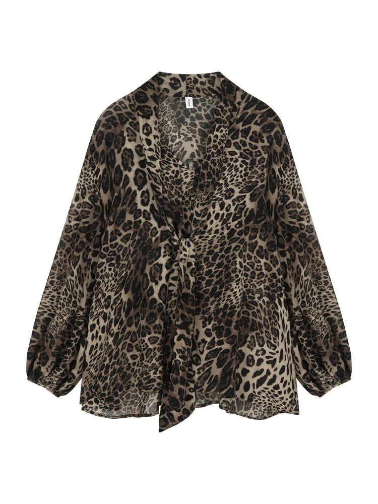 qgtao  -  Vintage Leopard Print Shirt Women V-neck Long Sleeve Chiffon Blouse Female Summer Loose French Style Elegant Tops Chic