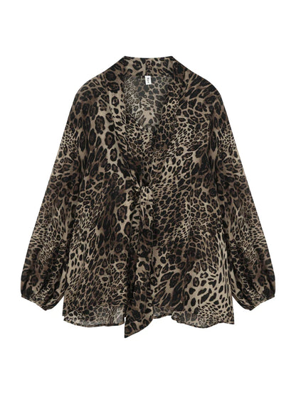 qgtao  -  Vintage Leopard Print Shirt Women V-neck Long Sleeve Chiffon Blouse Female Summer Loose French Style Elegant Tops Chic