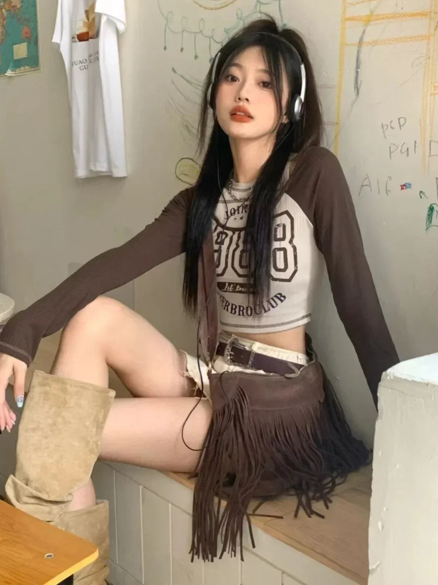 qgtao Y2k Streetwear Vintage Korean Crop Top Women Sexy American Retro Letter Printed T Shirts Off Shoulder Aesthetic Clothes