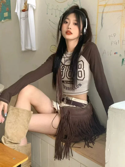 qgtao Y2k Streetwear Vintage Korean Crop Top Women Sexy American Retro Letter Printed T Shirts Off Shoulder Aesthetic Clothes