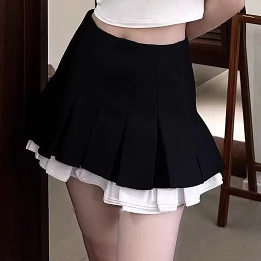 qgtao Japanese Style Mini Pleated Skirt Women Black Short Skirts Cute Grey Preppy Sweet Summer Female Ruffle Skirt Patchwork