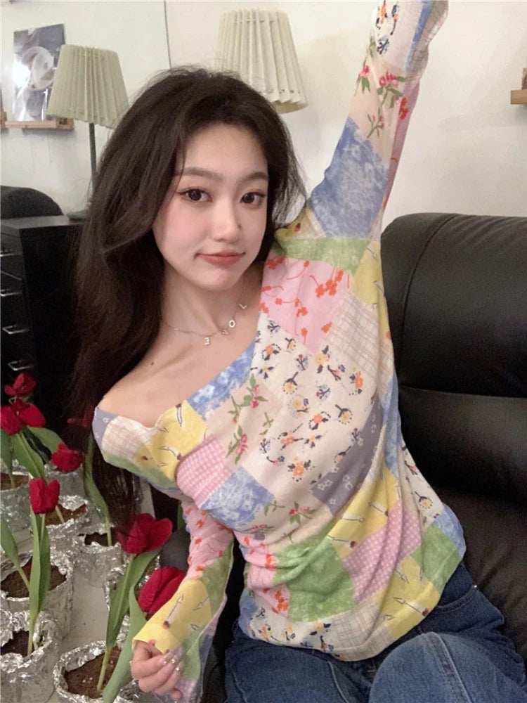 qgtao  -   Harajuku Patchwork T Shirt Women Flare Sleeve Hotsweet Slim Tees Korean Fashion Girl Tops Designer Y2k Aesthetic Clothes