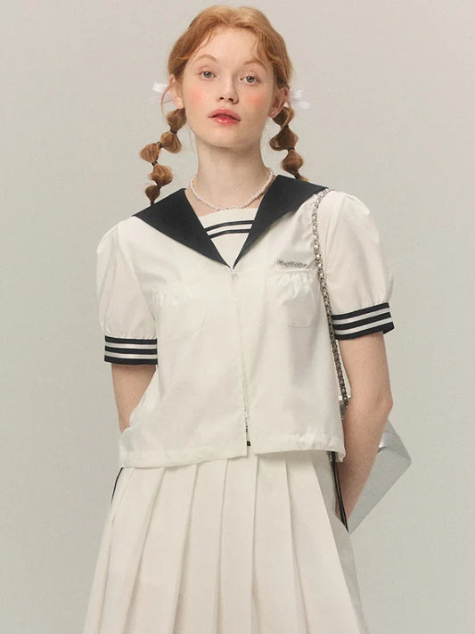 qgtao  -   Kawaii Sailor Collar Blouse Women Summer Fashion Short Sleeve White Shirt Zipper Preppy Style Aesthetics Uniform Clothes