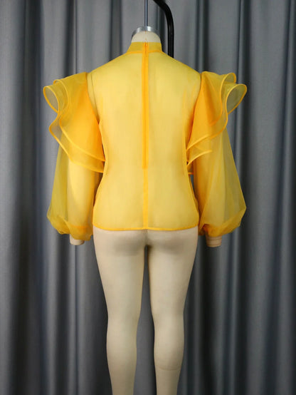 qgtao Women's Tulle Tops and Blouses Yellow See Through Bowtie Ruffles Trim Top Shirt Elegant Lady Fashion Party Club Wear Plus Size