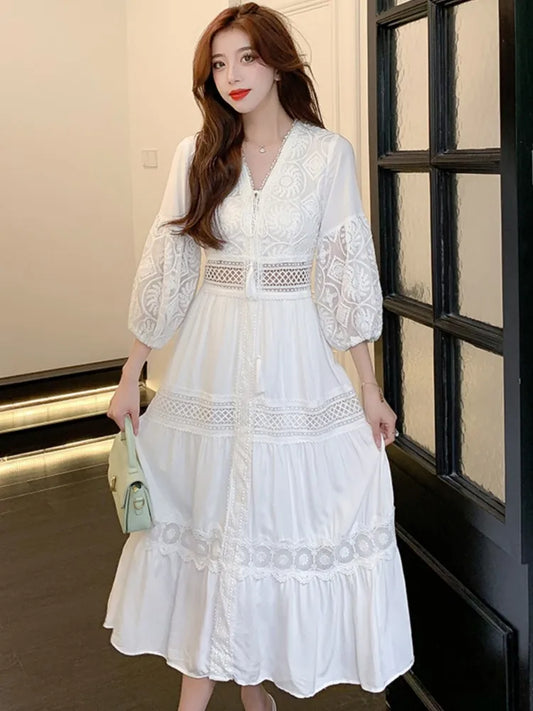 qgtao French Vintage Oversize Maxi Dresses for Women Boho Lace Patchwork Solid V-neck Wedding Dress Hollow Out Ladies Loose Vestidos