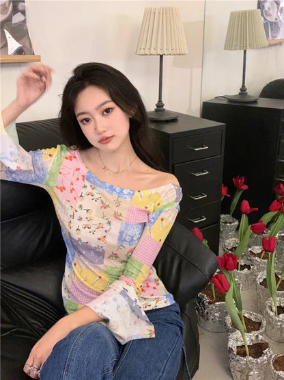 qgtao  -   Harajuku Patchwork T Shirt Women Flare Sleeve Hotsweet Slim Tees Korean Fashion Girl Tops Designer Y2k Aesthetic Clothes