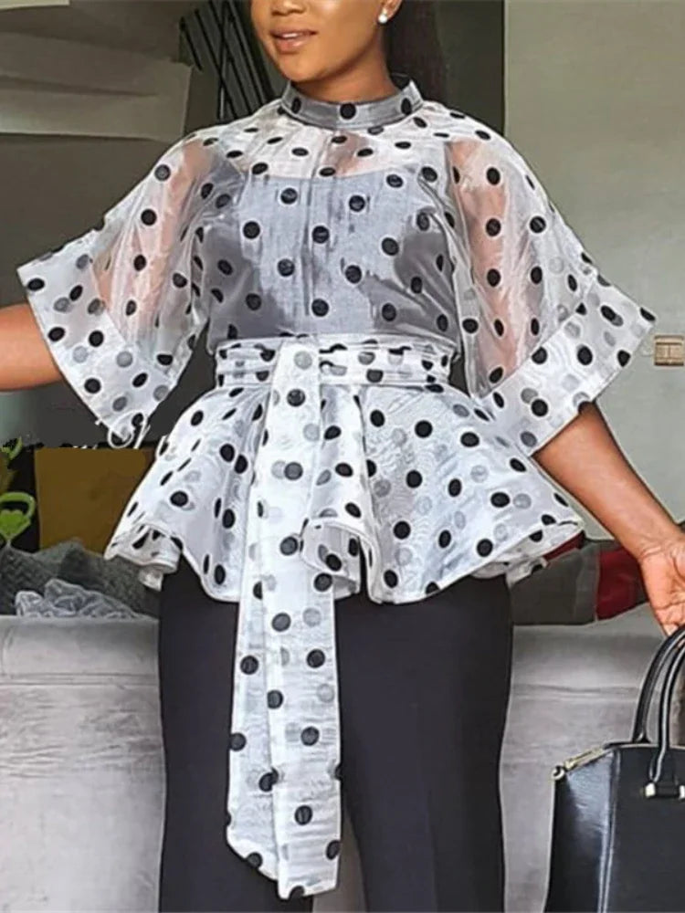 qgtao Plus Size Women White Blouses Polka Dot Peplum See Through Sexy Thin Transparent Half Flare Sleeve Waist Belt Tops Shirt Fashion