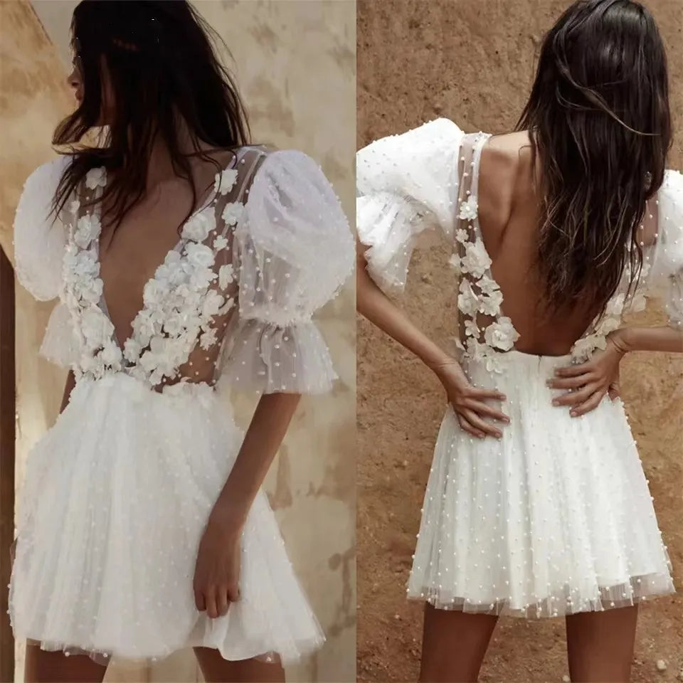 qgtao Short Wedding Dresses Plunging V-Neck Half Sleeves Pearls Flowers Mini Bride Dresses Sexy Backless Illusion Formal Wedding Gowns