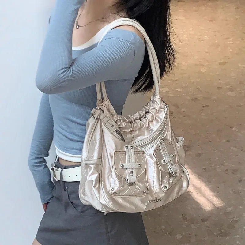 qgtao  Y2k White Shoulder Bag for Women Pleated Soft Autumn 2023 New Trendy Tote Bag Multi-pocketed Large Capacity Handbag Sac