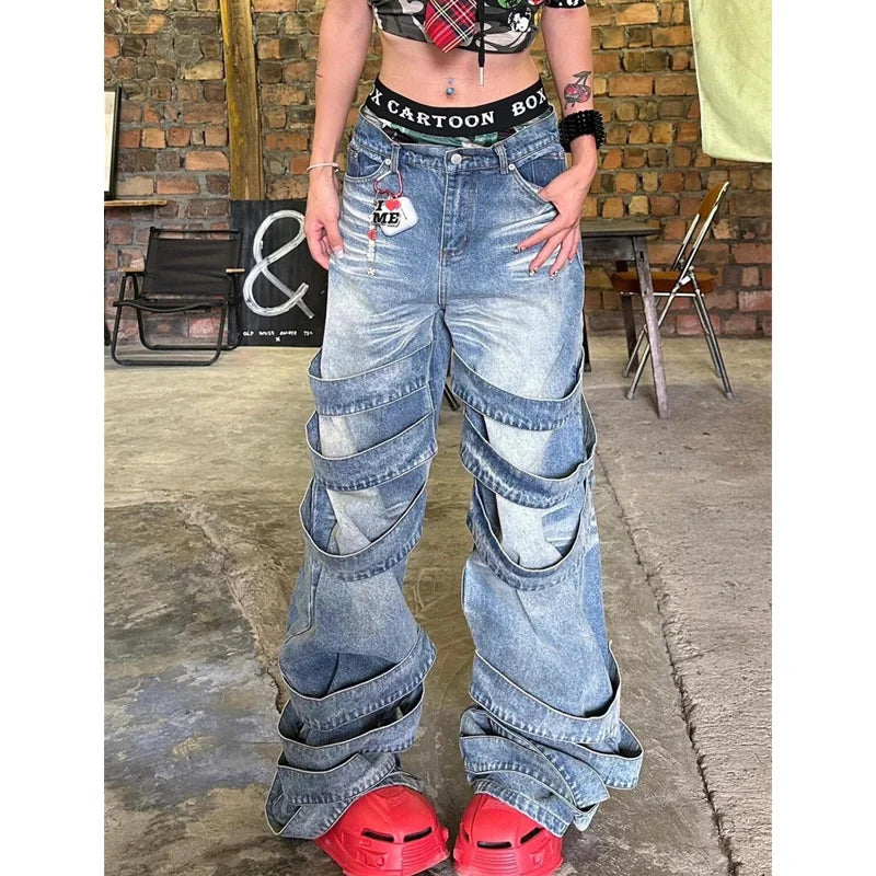 qgtao  -  High Waisted Blue Women's Jeans Fashion Streetwear Casual Vintage Baggy Straight 2024 Hip Hop Denim Trouser Mom Wide Leg Pants